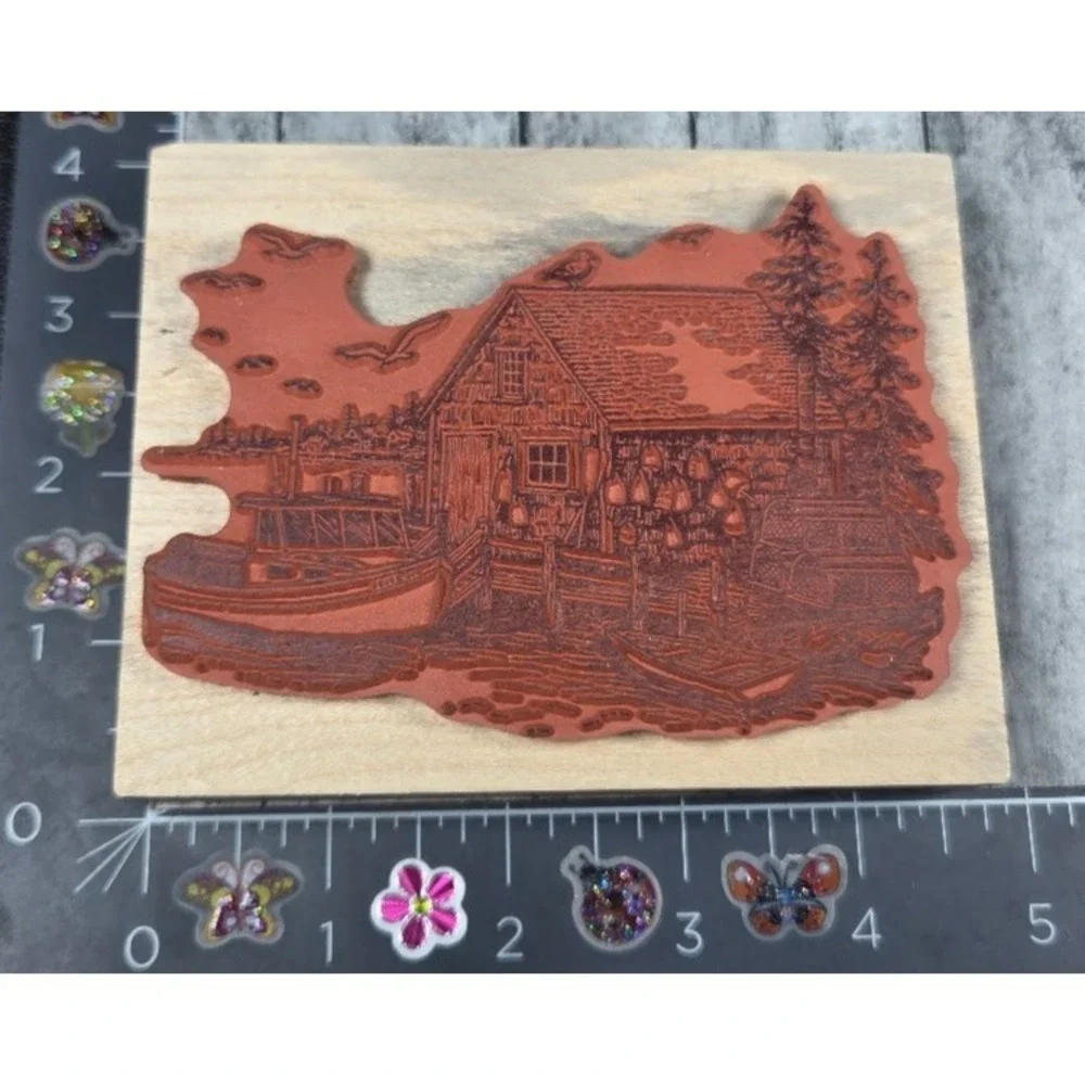 PSX Designs Boat House Fishing Dock Trees K2893 1999 Rubber Stamp Wood #C9